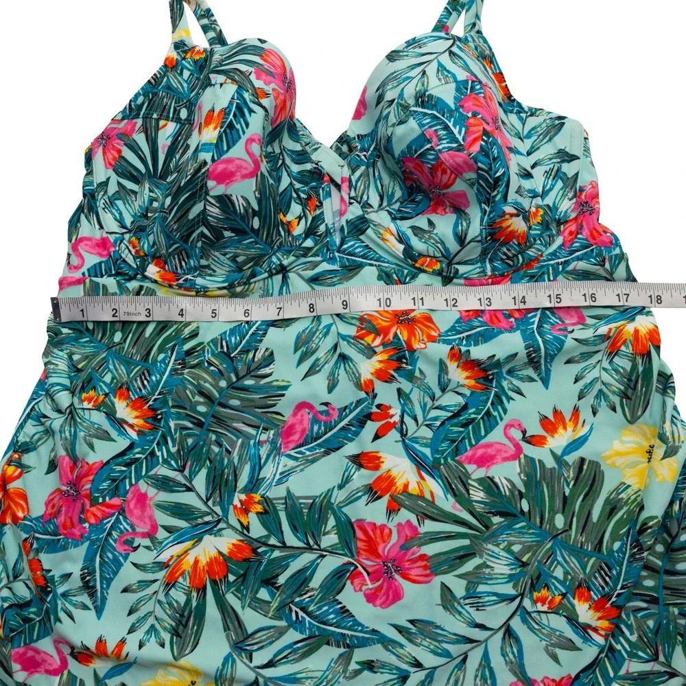Swim by Cacique Tankini Women 40DDD Mint Tropical Flamingo NEW Underwire Ruched